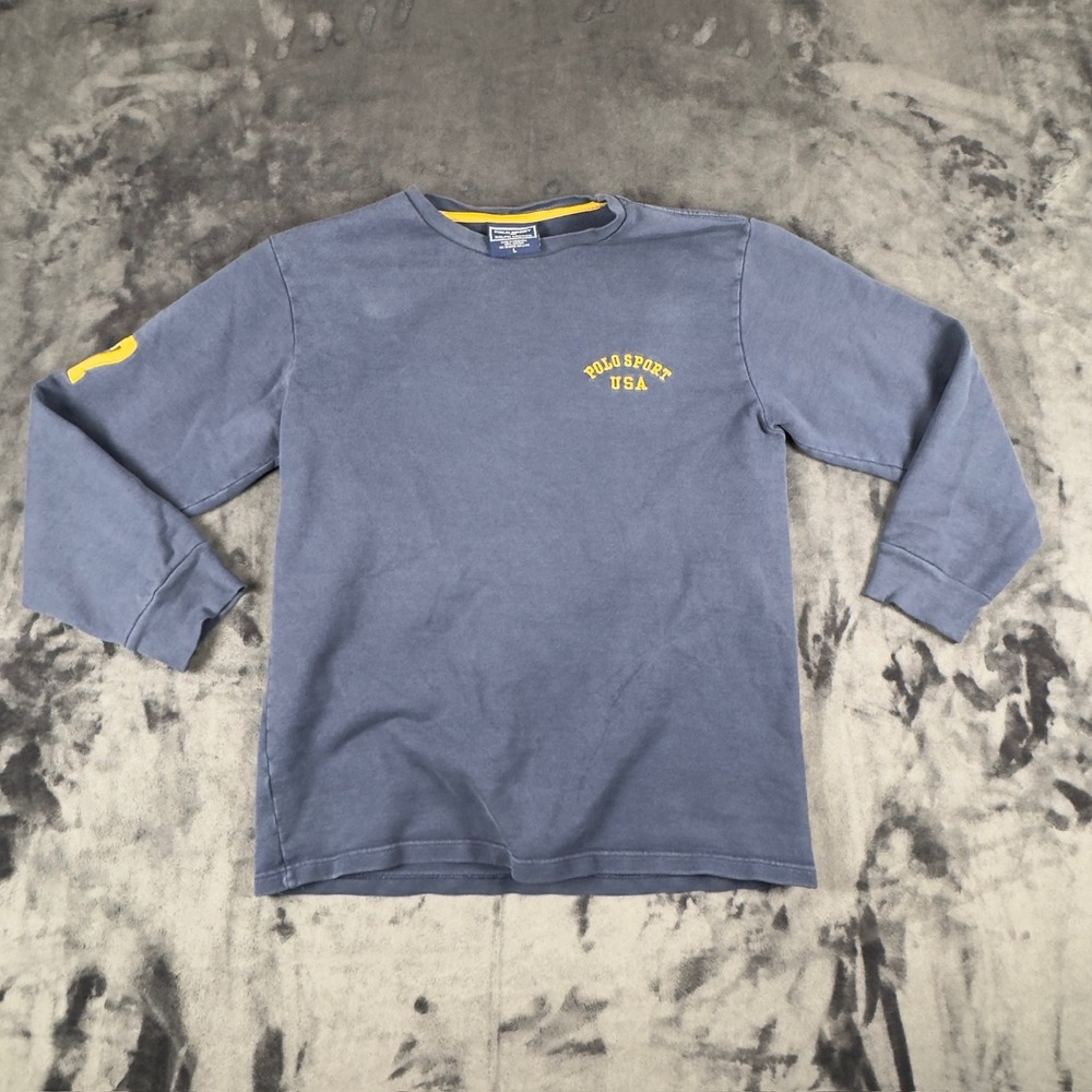 Polo Sport Ralph Lauren T-Shirt Mens L Blue Long Sleeve USA Logo 6 Patch